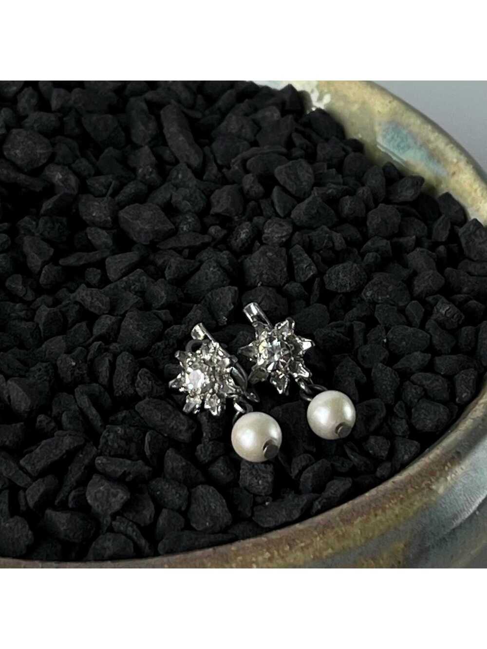 Vintage Rhinestone Starburst Pearl Drop Earrings Silver Tone Dangle Classic